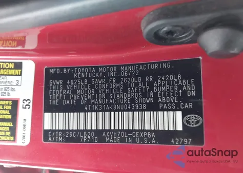 2022 Toyota Camry Xse Hybrid z USA, uszkodzony, nr VIN 4T1K31AK8NU043938